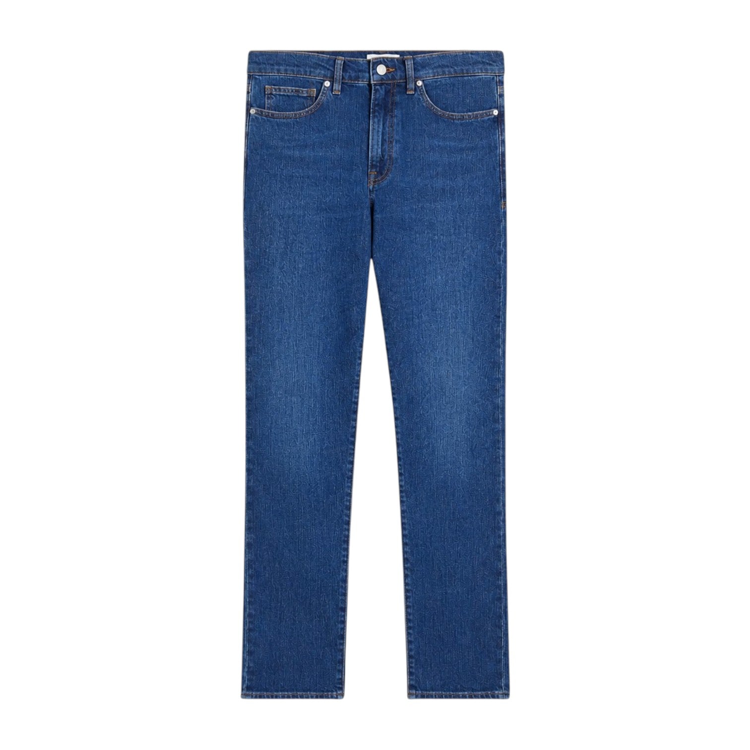 Introducing the L’Homme Slim Denim by Frame—a pair of mid-rise blue jeans featuring a slim, straight-leg cut, classic five-pocket styling, and a button closure. Crafted from premium European denim, these jeans are displayed laid flat on a white background to showcase their timeless, modern fit.