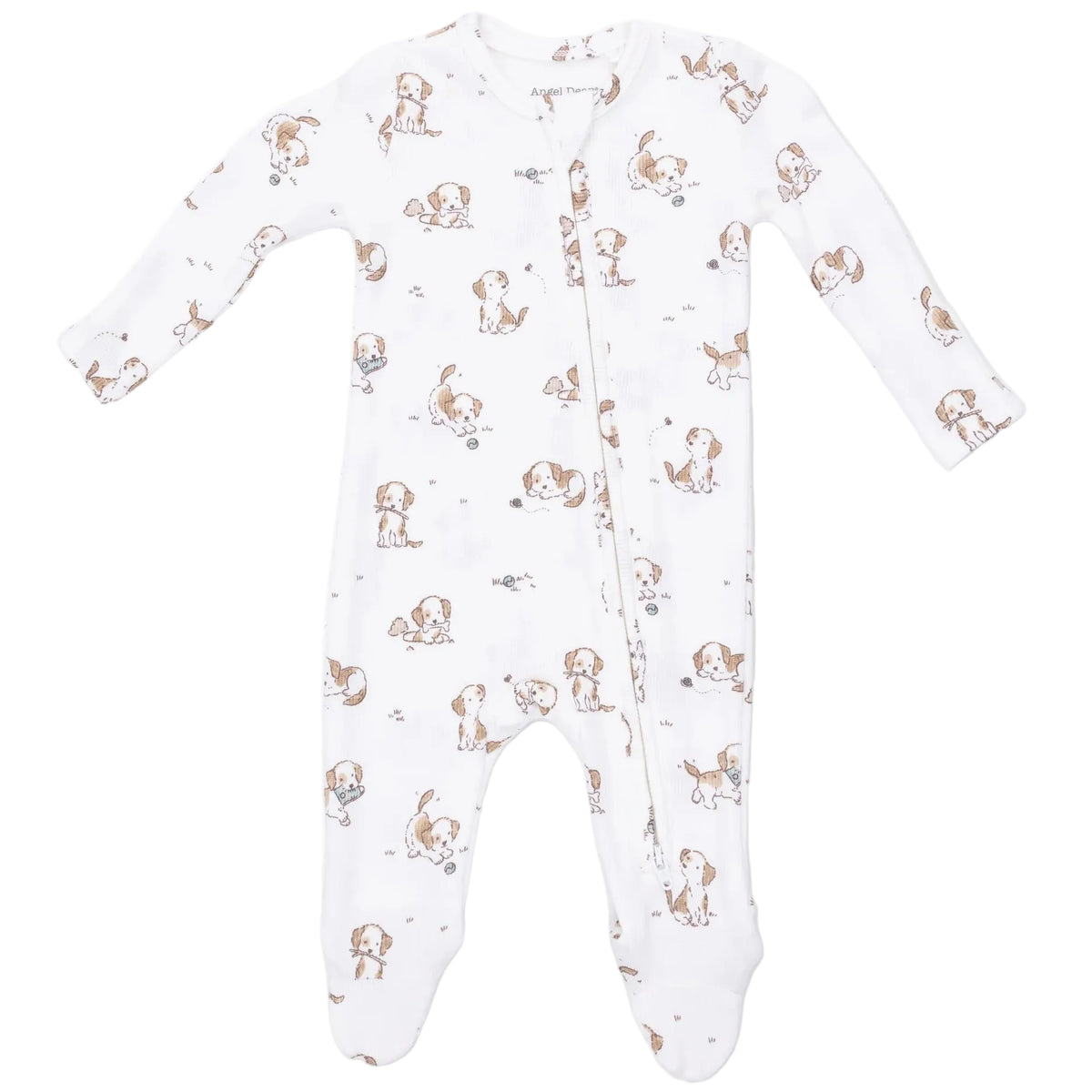 Dress your little one in cozy comfort with the Angel Dear Baby 2-Way Zipper Footie. Made from soft bamboo fabric, this footed sleeper features long sleeves and a convenient 2-way zipper for easy diaper changes. The whimsical print showcases brown and tan cartoon puppies in playful poses, making these bamboo baby pajamas both adorable and practical.