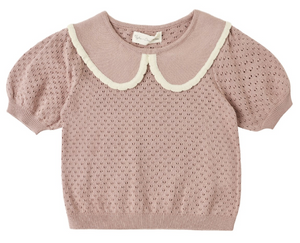 The Girls’ Pointelle Collared Top by Rylee & Cru, a pink knit short-sleeve sweater featuring a vintage-inspired eyelet pattern and a white scalloped Peter Pan collar, is displayed laid flat on a white background.