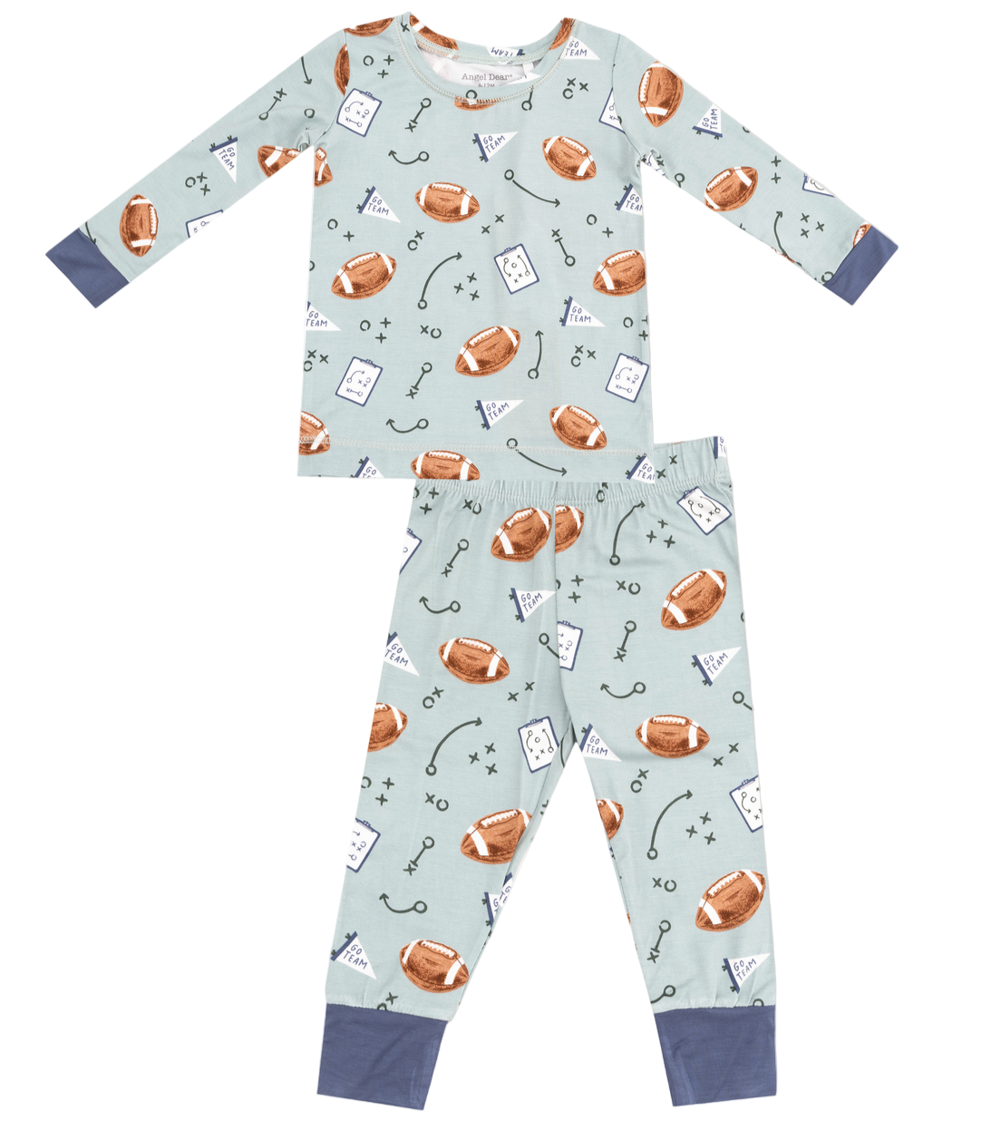 The Angel Dear Baby Long Sleeve Loungewear Set is a two-piece, breathable pajama with a football print on light blue and dark blue cuffs, ideal for bedtime or lounging.