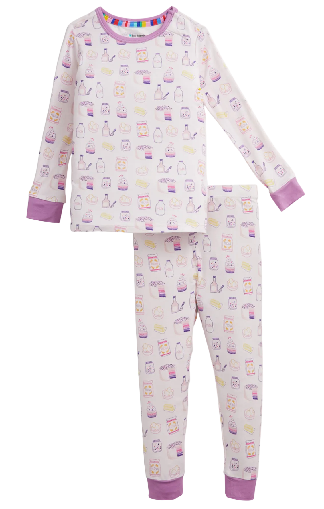 The Baby Girls’ and Girls’ Bake Boss Magnetic PJ Set by Magnetic Me features long sleeves with purple cuffs and a fun print of milk, toast, juice, and eggs on a white background. Made from soft modal fabric, these pajamas are perfect for keeping kids cozy and comfortable through the night.