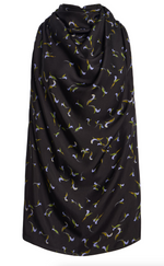 The Sleary Top by Altuzarra showcases black fabric draped vertically with a scattered floral print in green, blue, and white—making it ideal for a sophisticated sleeveless blouse or an elegant silk top with a graceful cowl neckline.