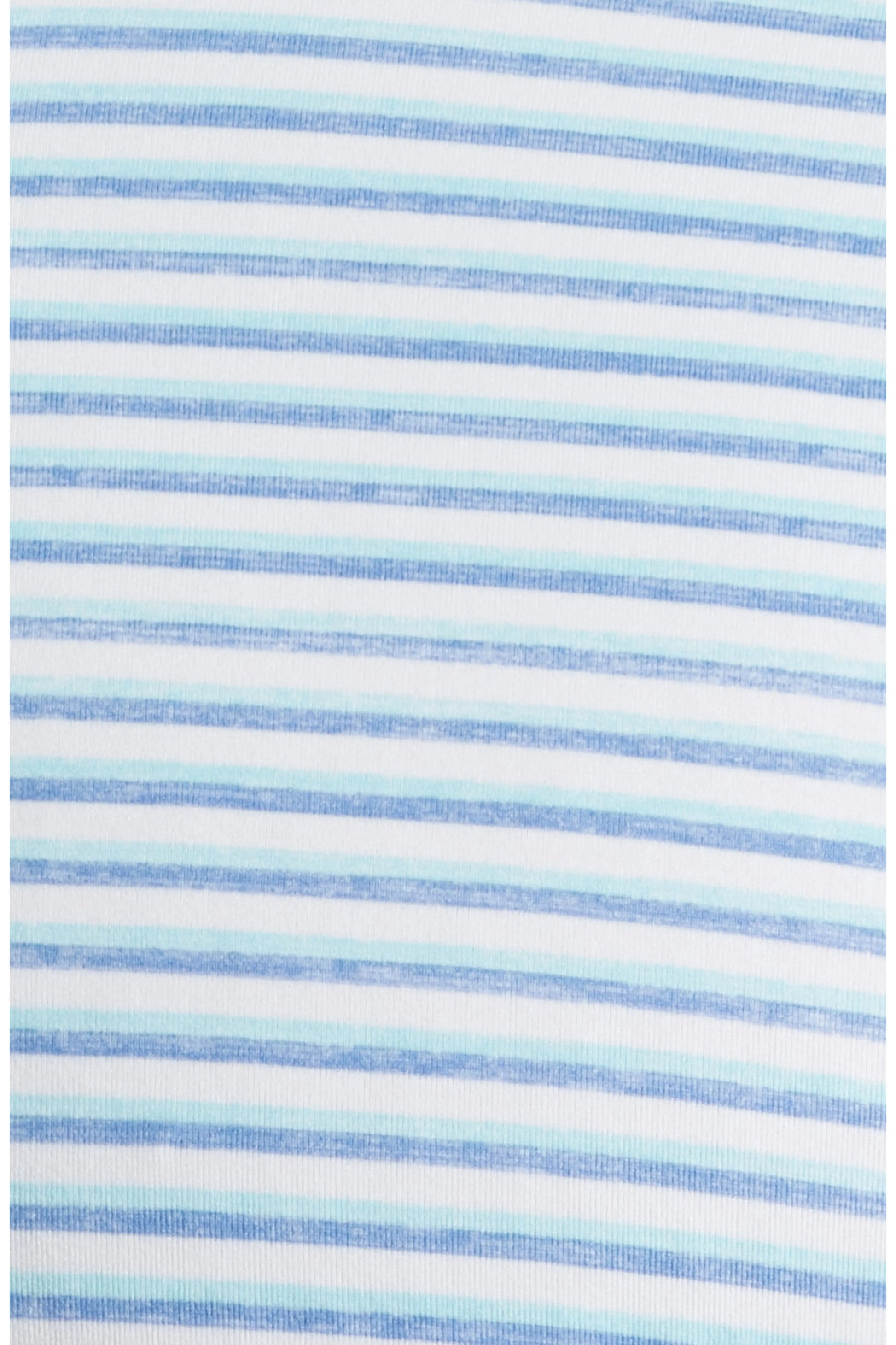Close-up of the Warwick Polo by Johnnie-O, crafted from lightweight, sweat-wicking fabric. The horizontal blue and white stripes alternate between thin blue lines and wider white spaces, showcasing a design focused on all-day comfort.