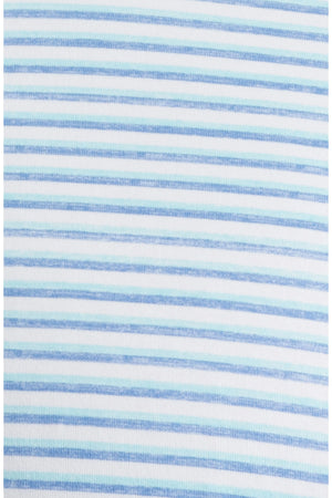 Close-up of the Warwick Polo by Johnnie-O, crafted from lightweight, sweat-wicking fabric. The horizontal blue and white stripes alternate between thin blue lines and wider white spaces, showcasing a design focused on all-day comfort.