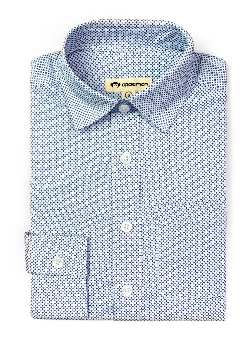 This folded light blue button-up shirt, from the Fine Tailoring collection, is known as the Appaman Boys' Standard Shirt. It features a classic dress shirt design with a subtle dot pattern, complete with a front pocket and collar.