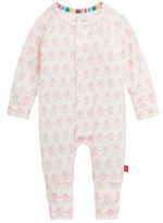 The Magnetic Me Baby Trunkettes Modal Convertible Coverall is a long-sleeve onesie made from ultra-soft modal fabric, showcasing a pale pink animal print and a rainbow-striped neckline, and designed with easy magnetic closures for quick changes—shown against a white background.