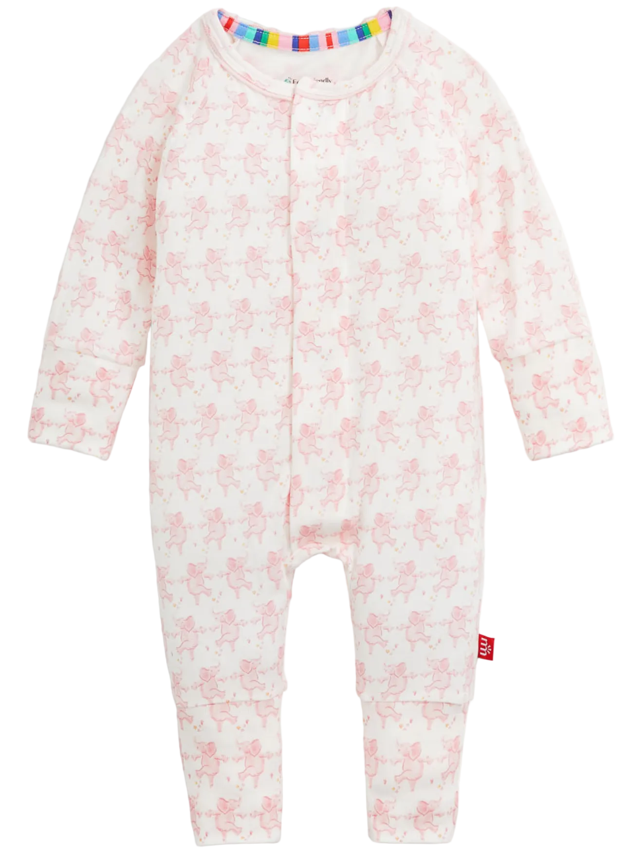 The Magnetic Me Baby Trunkettes Modal Convertible Coverall is a long-sleeve onesie made from ultra-soft modal fabric, showcasing a pale pink animal print and a rainbow-striped neckline, and designed with easy magnetic closures for quick changes—shown against a white background.