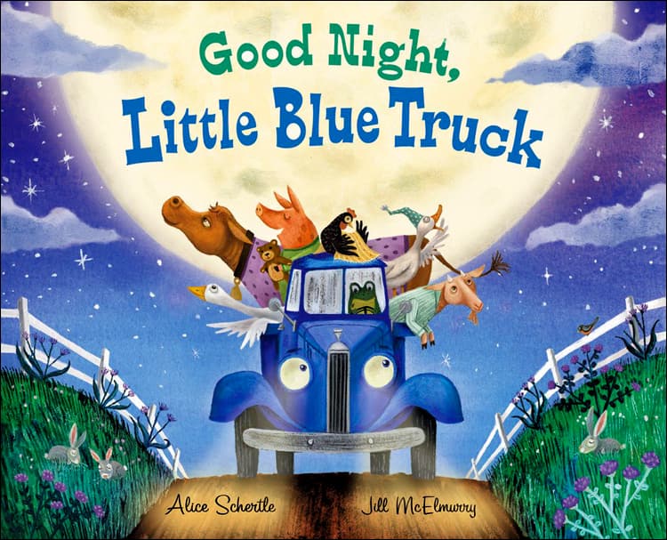 The cover of Common Ground's "Good Night, Little Blue Truck," a bestselling series, features a blue truck loaded with farm animals against the backdrop of a nighttime sky and a glowing moon—ideal for bedtime read-alouds.