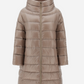 The Herno Matilde Coat is a taupe, knee-length down jacket with horizontal quilting, high collar, three-quarter sleeves, front zipper closure, crafted from ultralight nylon and filled with ultra-fine goose down for superior warmth.