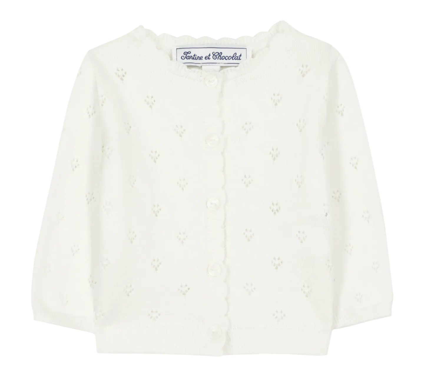 The Tartine et Chocolat Baby Girls’ and Girls’ Openwork Cardigan features delicate eyelet patterns, a round neckline, long sleeves, and front buttons. This lightweight cardigan is a perfect layering piece for any occasion.