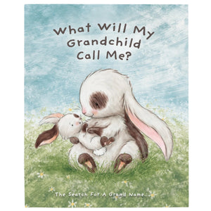 The book "What Will My Grandchild Call Me?" by Bunnies By the Bay features two rabbits cuddling on grass and is a sweet keepsake story about discovering unique grandparent names.