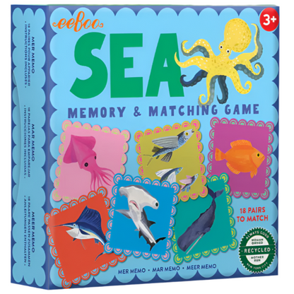 Box for "Sea Little Square Memory Game" by Eeboo, featuring illustrations of sea animals such as an octopus, seahorse, and fish. Contains 18 matching pairs. Suitable for ages 3+.