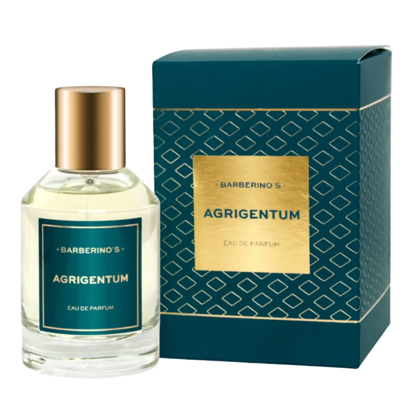 A clear glass bottle labeled "Agrigentum Perfume Cologne" by Barberino's stands beside its matching teal and gold patterned box, capturing the lively character of a citrus scent.