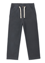 The Rylee & Cru Baby Boys’ and Boys’ Kalen Pant in dark gray features an elastic waistband with an adjustable fit, white drawstrings, and two front pockets, shown laid flat on a white background.