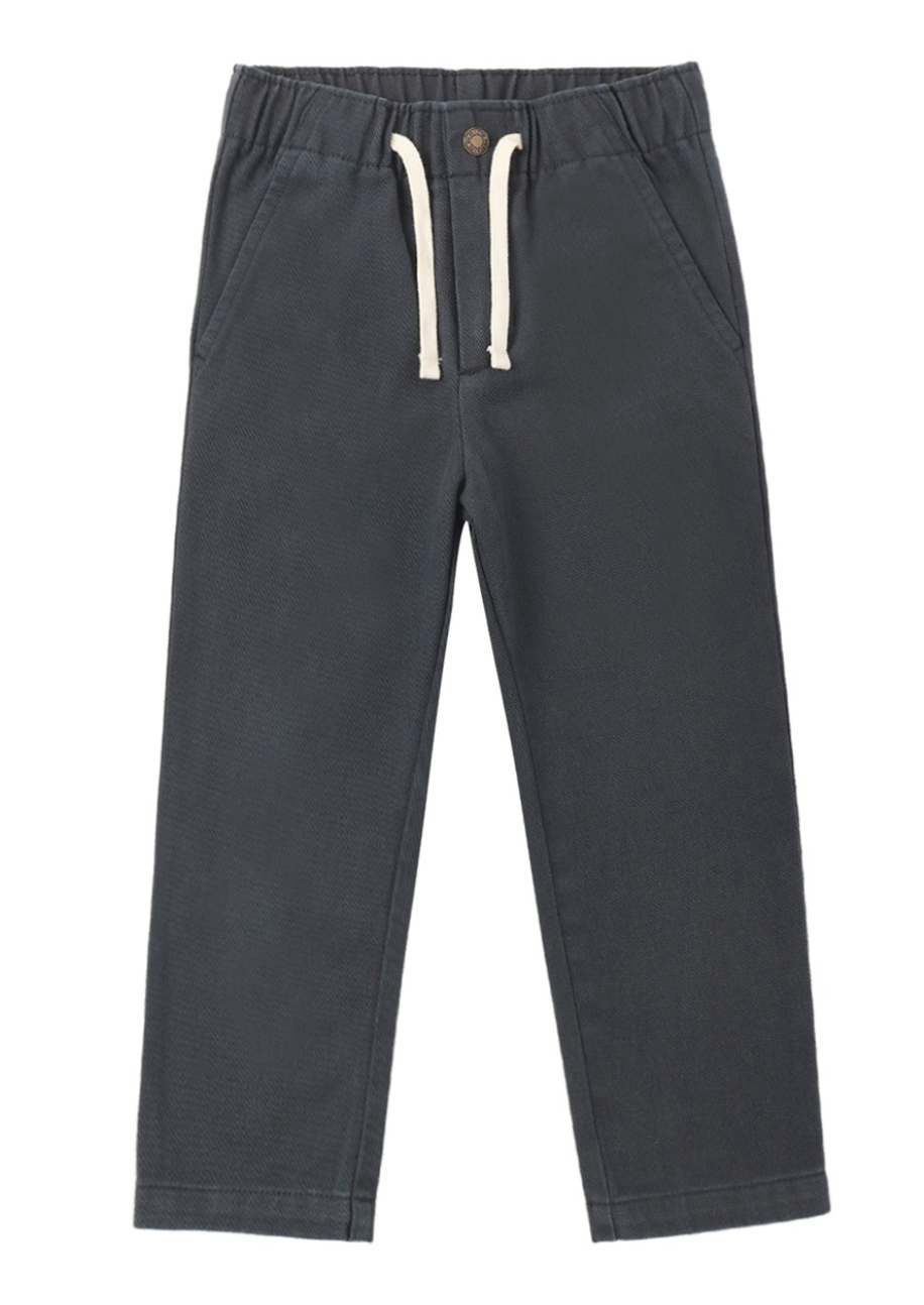 The Rylee & Cru Baby Boys’ and Boys’ Kalen Pant in dark gray features an elastic waistband with an adjustable fit, white drawstrings, and two front pockets, shown laid flat on a white background.