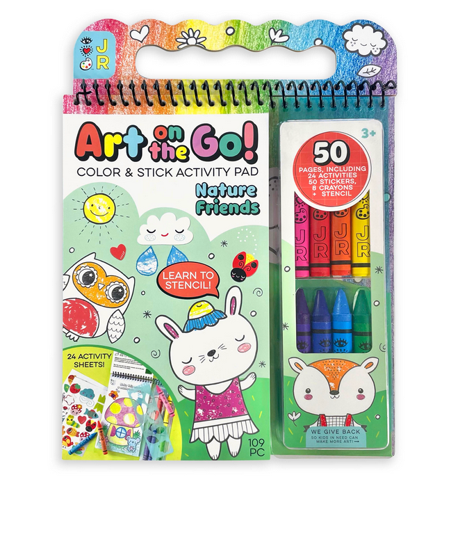 Bright Stripes' Art on the Go! includes 24 activity pages, stickers, a stencil, and crayons in a plastic pouch with colorful animal art supplies—your portable art station.