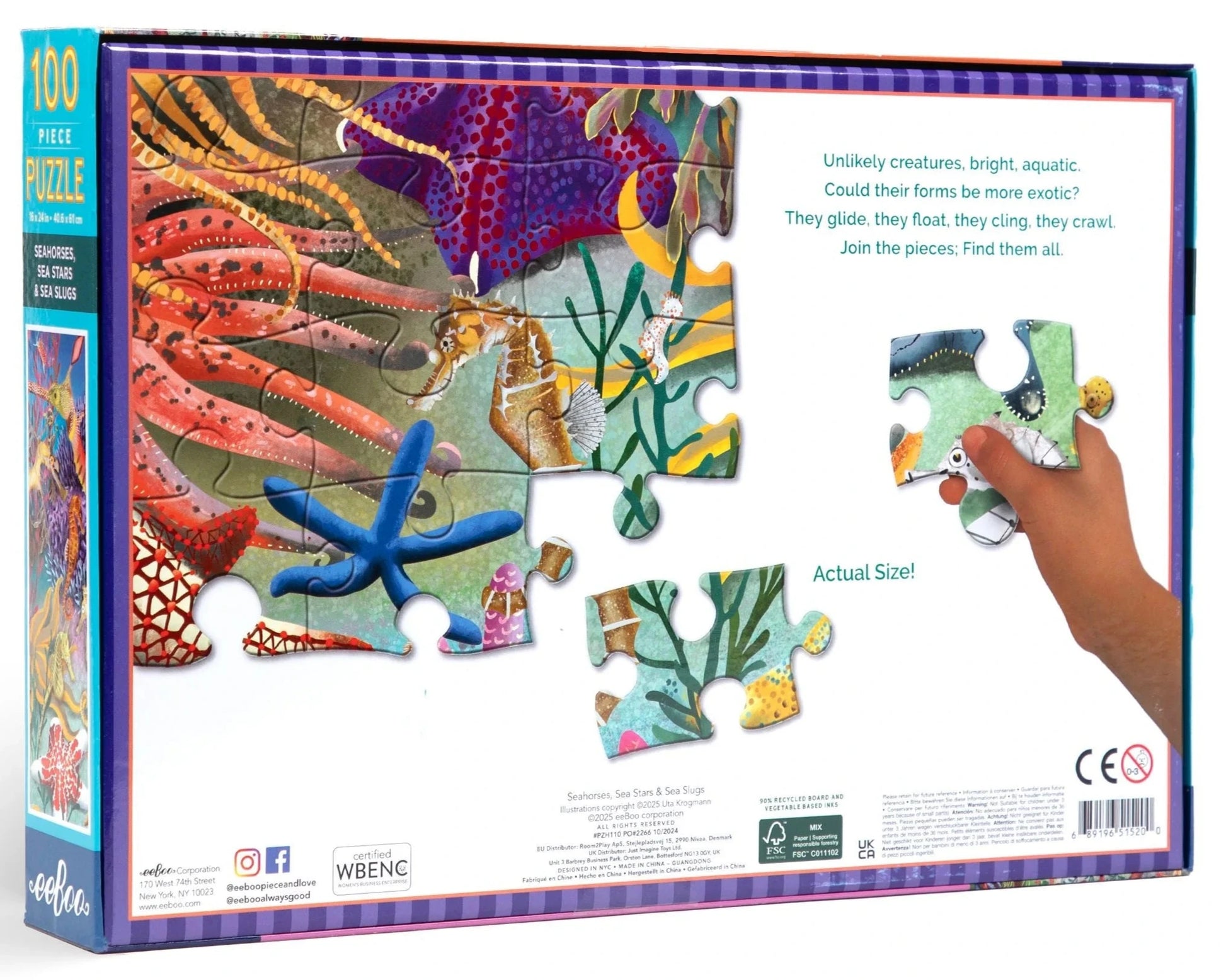 Back of Eeboo's Seahorses, Sea Stars & Sea Slugs 100 Piece Puzzle box shows vibrant sea creature illustrations, a hand holding a piece, and product details along the sides and bottom.