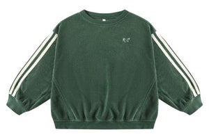 Rylee & Cru Baby Girls' and Girls' Oversized Sweatshirt features a green crewneck design with white double sleeve stripes, soft terry cloth fabric, and small "RC" initials on the left chest.