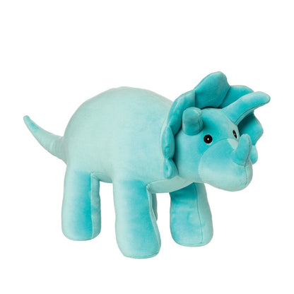 Introducing the Manhattan Toy Velveteen Dino Spike, Triceratops by Manhattan Toy, a velveteen dinosaur plush toy in light blue with small black eyes, four sturdy legs, and three charming facial horns. Named among the Best Toys from Toy Fair 2020, this cuddly companion is perfect for any dino-lover's collection.