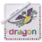 A Floss and Rock Fairy Tale Water Pen rests on a vibrant board featuring a girl riding a dragon, with the word “dragon” displayed in multicolored letters—just one of the reusable coloring cards included in this fun travel activity set for kids.