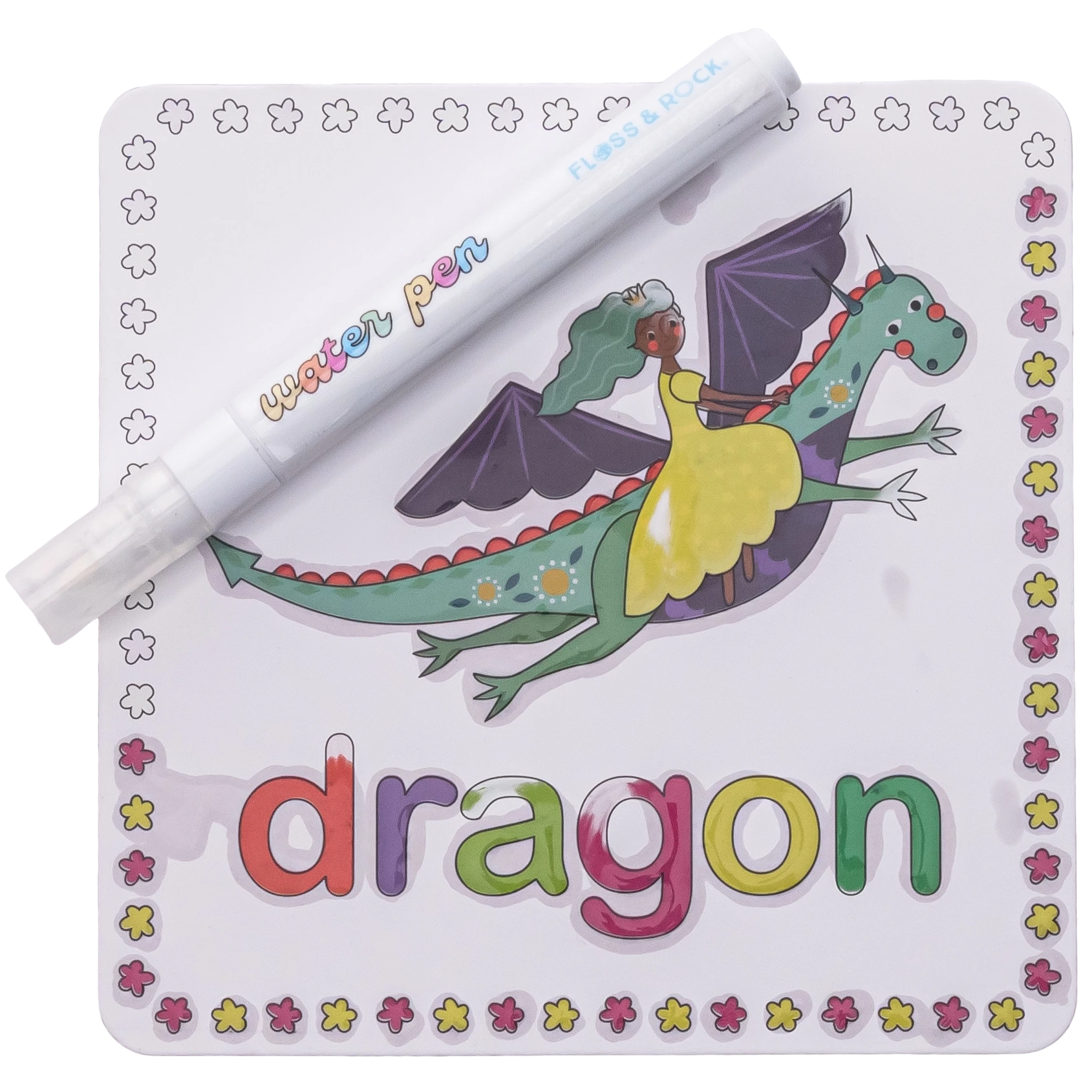 A Floss and Rock Fairy Tale Water Pen rests on a vibrant board featuring a girl riding a dragon, with the word “dragon” displayed in multicolored letters—just one of the reusable coloring cards included in this fun travel activity set for kids.