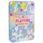 The Floss and Rock Fantasy Magnetic Playtime Tin features a pastel-colored design adorned with whimsical illustrations of a mermaid, unicorn, swan, rainbow, sweets, and flowers. With pop-out magnets for endless fun and creativity, this set is perfect for children ages 3 and up.