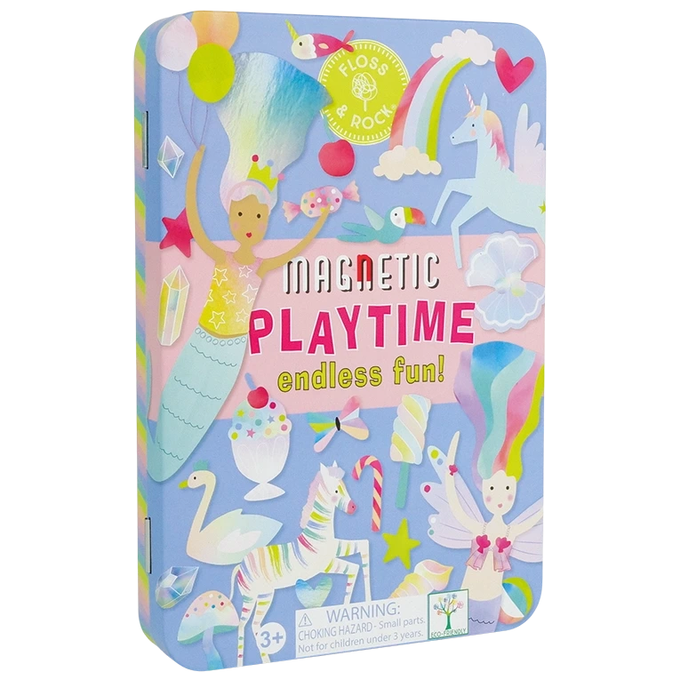 The Floss and Rock Fantasy Magnetic Playtime Tin features a pastel-colored design adorned with whimsical illustrations of a mermaid, unicorn, swan, rainbow, sweets, and flowers. With pop-out magnets for endless fun and creativity, this set is perfect for children ages 3 and up.