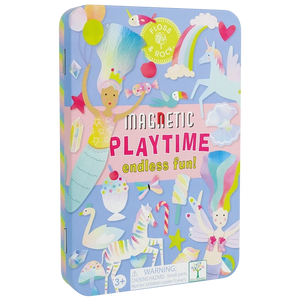 The Floss and Rock Fantasy Magnetic Playtime Tin features a pastel-colored design adorned with whimsical illustrations of a mermaid, unicorn, swan, rainbow, sweets, and flowers. With pop-out magnets for endless fun and creativity, this set is perfect for children ages 3 and up.