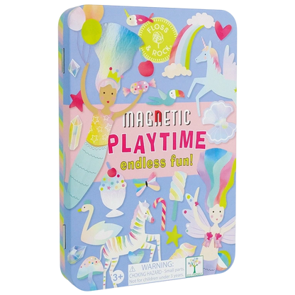 The Floss and Rock Fantasy Magnetic Playtime Tin features a pastel-colored design adorned with whimsical illustrations of a mermaid, unicorn, swan, rainbow, sweets, and flowers. With pop-out magnets for endless fun and creativity, this set is perfect for children ages 3 and up.