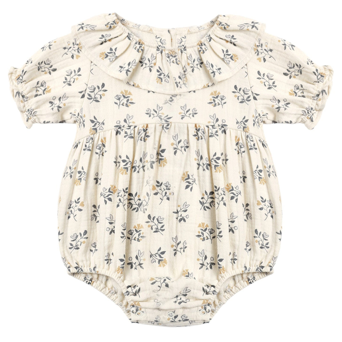 The Quincy Mae Baby Girls’ Collared Romper features a cream hue with puff sleeves, a ruffled collar, elastic leg openings, and a delicate floral print in grey and yellow tones.