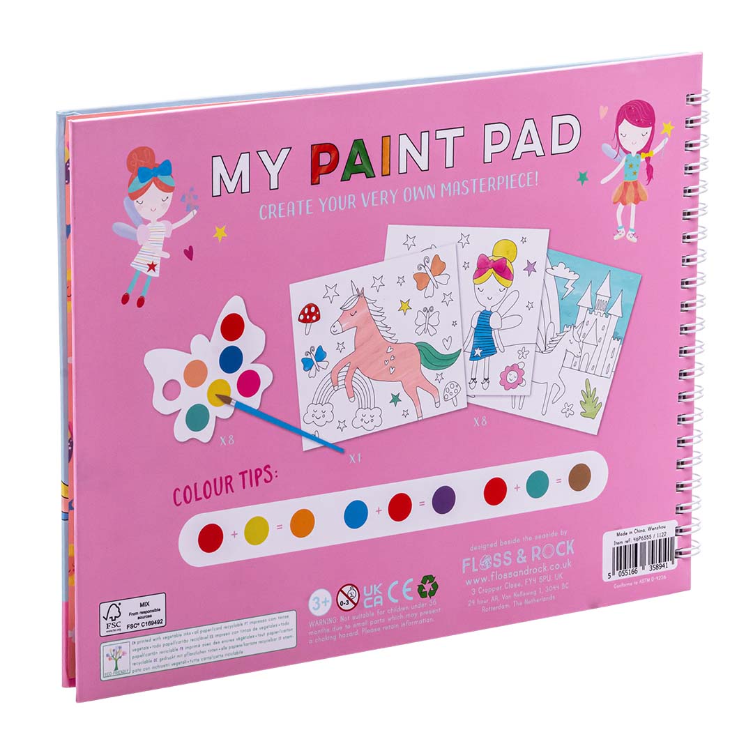 Introducing the Rainbow Fairy My Painting Pad by Floss and Rock—a spiral-bound pink paint pad featuring enchanting fairy illustrations and a convenient paint palette on the back cover. Designed especially for children, this magical painting pad is perfect for creative young artists ready to explore their imagination with their favorite paint brush.