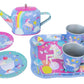 The Floss and Rock Fantasy 7-Piece Tin Tea Set features a whimsical unicorn theme, complete with a teapot, two cups, two plates, and a square tray adorned with colorful rainbows, stars, and unicorns. Ideal for imaginative play or as a charming gift for children.