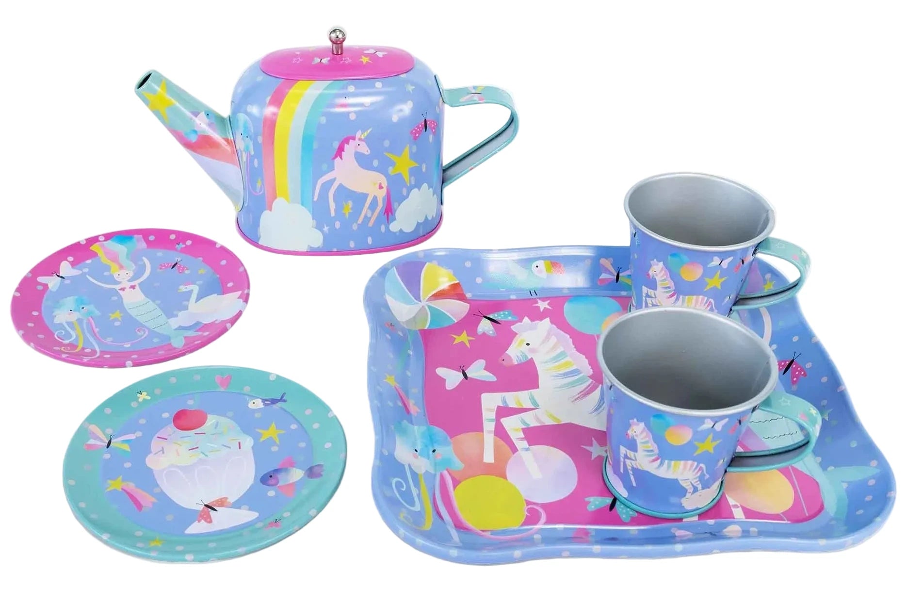 The Floss and Rock Fantasy 7-Piece Tin Tea Set features a whimsical unicorn theme, complete with a teapot, two cups, two plates, and a square tray adorned with colorful rainbows, stars, and unicorns. Ideal for imaginative play or as a charming gift for children.