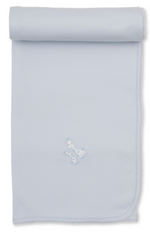 Giraffe Laughs Blanket by Kissy Kissy in light blue Pima cotton features scalloped edges, is rolled at the top, and showcases two embroidered blue puppies near the center.