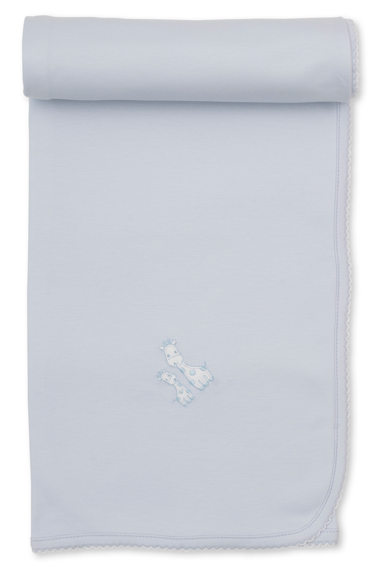 Giraffe Laughs Blanket by Kissy Kissy in light blue Pima cotton features scalloped edges, is rolled at the top, and showcases two embroidered blue puppies near the center.