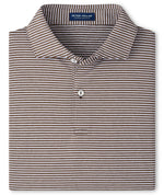 The Ambrose Performance Jersey Polo by Peter Millar is a brown and white striped, collared shirt with a two-button placket and four-way stretch for comfort and ease of movement. "Peter Millar" label inside neckline.