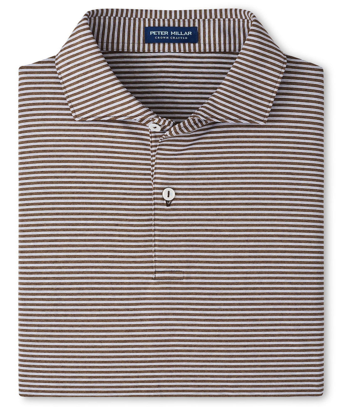 The Ambrose Performance Jersey Polo by Peter Millar is a brown and white striped, collared shirt with a two-button placket and four-way stretch for comfort and ease of movement. "Peter Millar" label inside neckline.
