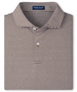 The Ambrose Performance Jersey Polo by Peter Millar is a brown and white striped, collared shirt with a two-button placket and four-way stretch for comfort and ease of movement. "Peter Millar" label inside neckline.