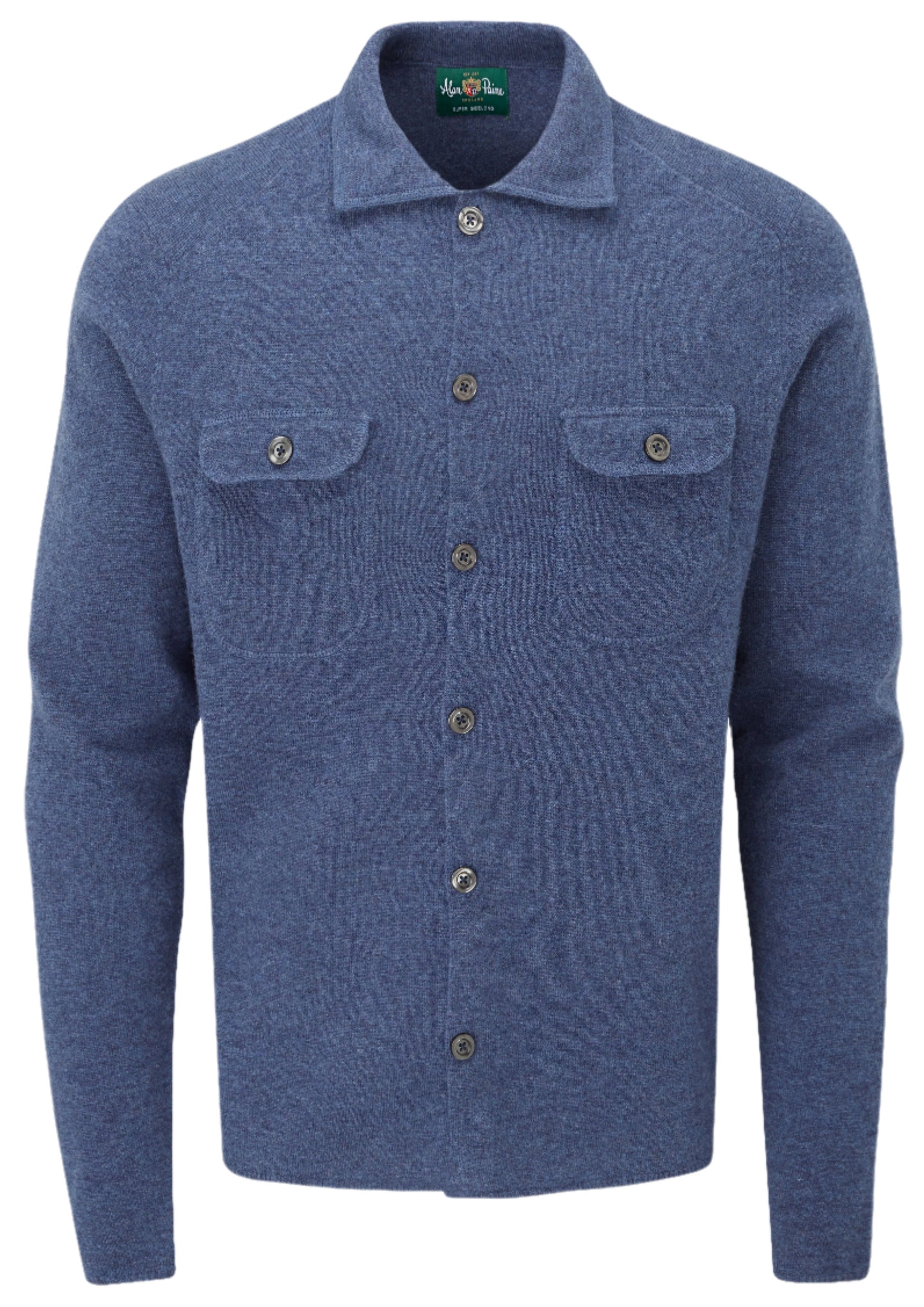 The Alan Paine Tore Button Knit Shirt is a blue button-up cardigan made from luxurious Super Geelong Wool, featuring long sleeves and two buttoned chest pockets.