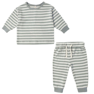 The Quincy Mae Baby Boys' Cozy Set features a gray and white striped long-sleeve shirt with ribbed trim and matching drawstring pants, shown on a white background.