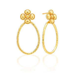The Berry Clover Teardrop Earrings by Juliska Capucine De Wulf feature hammered gold teardrop hoops accented with a cluster of four rounded gold beads, offering a unique update on classic dangle earrings.