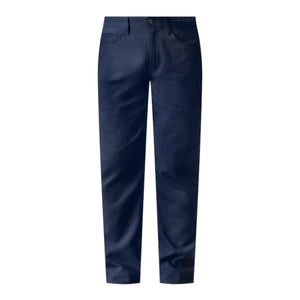 The Faherty Movement Linen 5-Pocket Pant is shown on a white background. These breathable straight-leg pants feature a button and zip fly, plus front and back pockets.