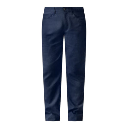 The Faherty Movement Linen 5-Pocket Pant is shown on a white background. These breathable straight-leg pants feature a button and zip fly, plus front and back pockets.