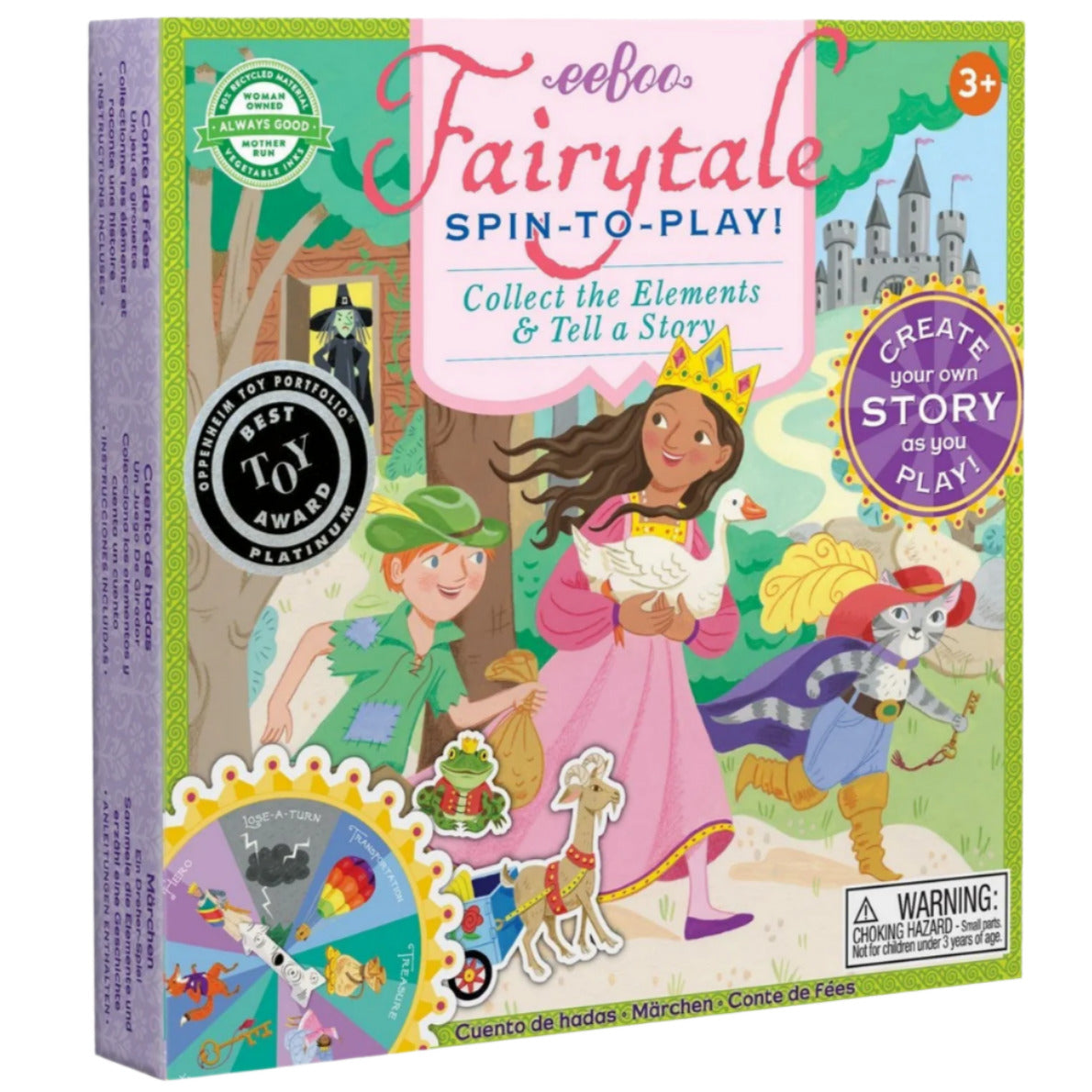 Box of “Eeboo Fairytale Spinner Game” for ages 3+, featuring a princess, animals, castle, storytelling game elements, and award badges on the packaging.