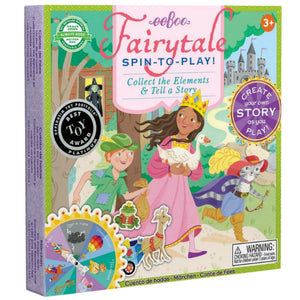 Box of “Eeboo Fairytale Spinner Game” for ages 3+, featuring a princess, animals, castle, storytelling game elements, and award badges on the packaging.