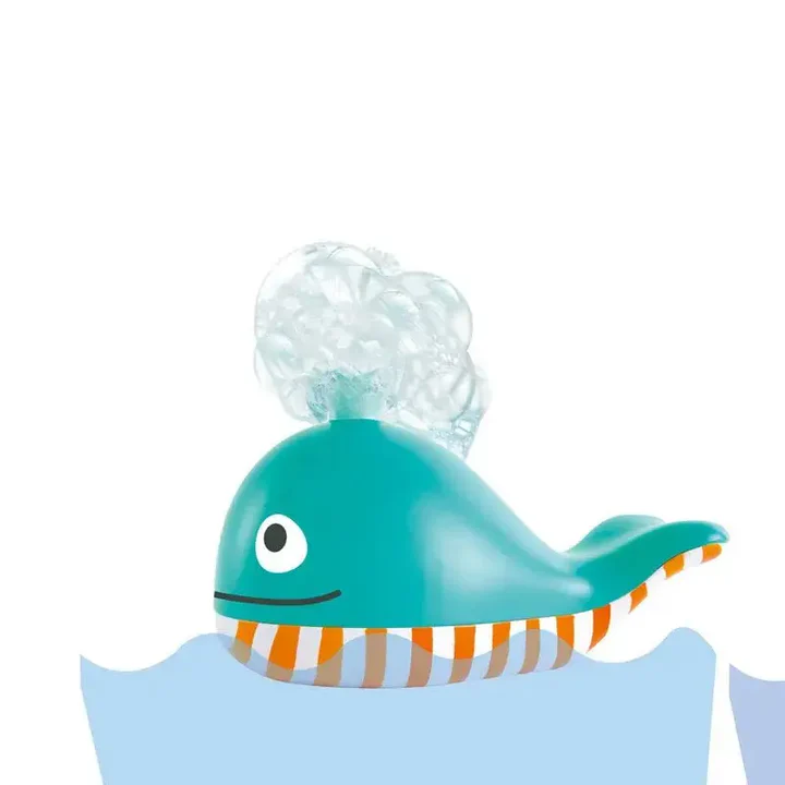 The Hape Blowing Bubble Whale bath toy features an orange-striped belly and floats on blue water, releasing clear bubbles from its blowhole.