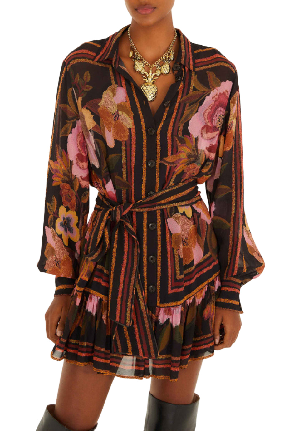 A person wears the Farm Rio Chenille Flowers Black Mini Dress, featuring a belted waist, button front, layered skirt, and floral-stripe design. The head is partly out of frame; a statement necklace completes the look.
