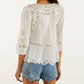 A woman is seen from the back wearing a white lace-detailed three-quarter sleeve blouse and Farm Rio’s Light Denim Romantic Wavy Hem Shorts.