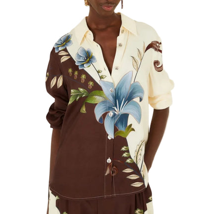 FARM Rio Millena Winter White button-down shirt featuring a two-toned brown and cream color block design with a large blue botanical print.
