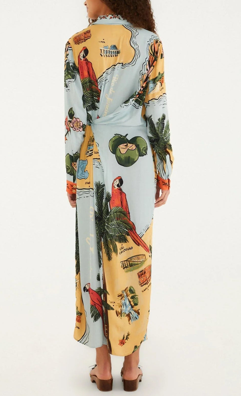 A woman is seen from the back wearing the Farm Rio Beaches Path Multicolor Maxi Dress, a long-sleeved, ankle-length dress featuring a vibrant tropical print.